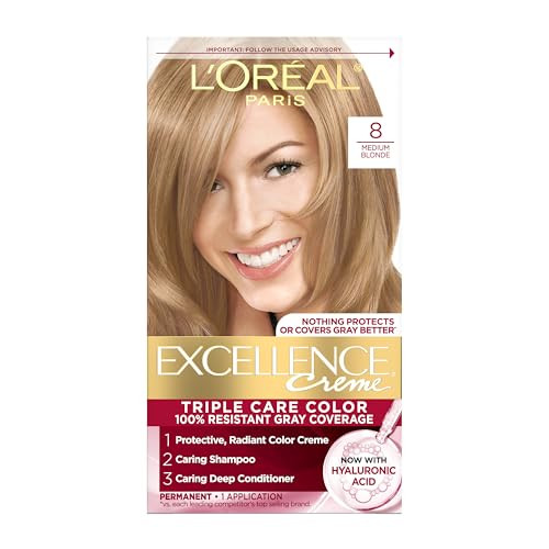 L'Oreal Paris Excellence Crème Permanent Hair Dye, Triple Care Hair Color with Hyaluronic Acid for 100% Gray Coverage, 8 Medium Blonde, 1 Kit (Packag