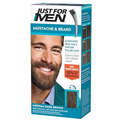 Just For Men Mustache & Beard, Beard Coloring for Gray Hair with Brush, With Keratin Biotin Aloe and Coconut Oil for Healthy Facial Hair - Medium-Dar