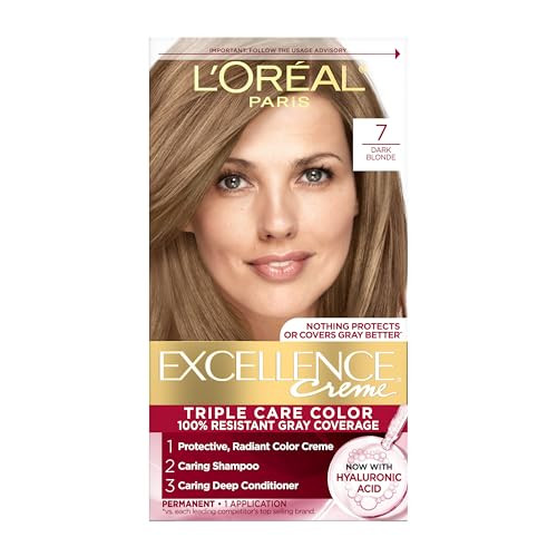 L'Oreal Paris Excellence Crème Permanent Hair Dye, Triple Care Hair Color with Hyaluronic Acid for 100% Gray Coverage, 7 Dark Blonde, 1 Kit (Packagin