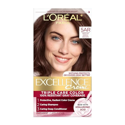 L'Oreal Paris Excellence Crème Permanent Hair Dye, Triple Care Hair Color with Hyaluronic Acid for 100% Gray Coverage, 5AR Medium Maple Brown, 1 Kit