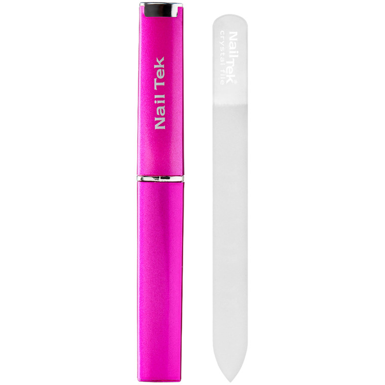 Nail Tek Crystal File - Glass Nail File with Case, Durable and Gentle for Healthy Nails and Cuticles - Travel-Friendly Design, Fuchsia, Medium 5"