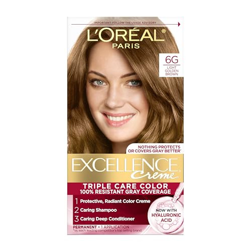 L'Oreal Paris Excellence Crème Permanent Hair Dye, Triple Care Hair Color with Hyaluronic Acid for 100% Gray Coverage, 6G Light Golden Brown, 1 Kit (