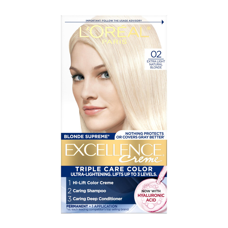 L'Oreal Paris Excellence Crème Permanent Hair Dye, Triple Care Hair Color with Pro-Keratine Complex for 100% Gray Hair Coverage, 02 Extra Light Natur
