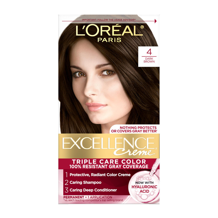 L'Oreal Paris Excellence Crème Permanent Hair Dye, Triple Care Hair Color with Hyaluronic Acid for 100% Gray Coverage, 4 Dark Brown, 1 Kit (Packaging