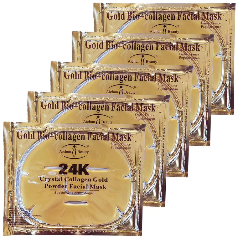 AICHUN BEAUTY 5PCS 24K Gold Gel Collagen Crystal Facial Masks Sheet Patch For Anti Aging Puffiness Anti Wrinkle Moisturizing Deep Tissue Rejuvenation