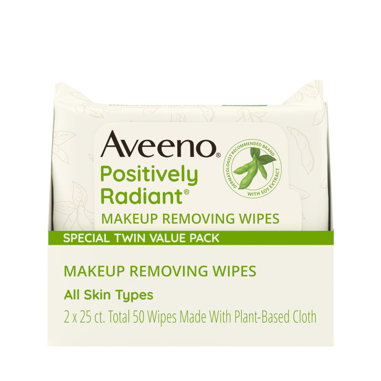 Aveeno Positively Radiant Alcohol Free Makeup Removing Face Wipes, Ultra Soft, Gentle, Non-Comedogenic Facial Cleansing Towelettes Leave Skin Clean &