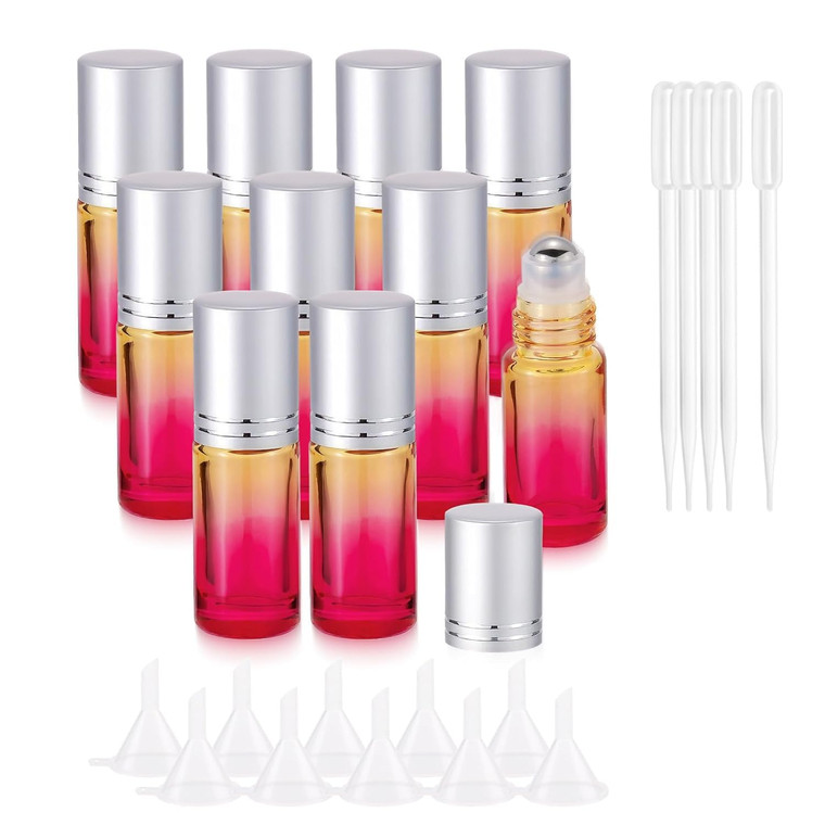 JIUWU 10pcs 5ml 0.17oz Yellow-Red Rose Gradient Glass Roll-On Bottles Essential Oil Bottle Perfume Bottle Travel Roll-On Bottles (5 Droppers, 10 Funn