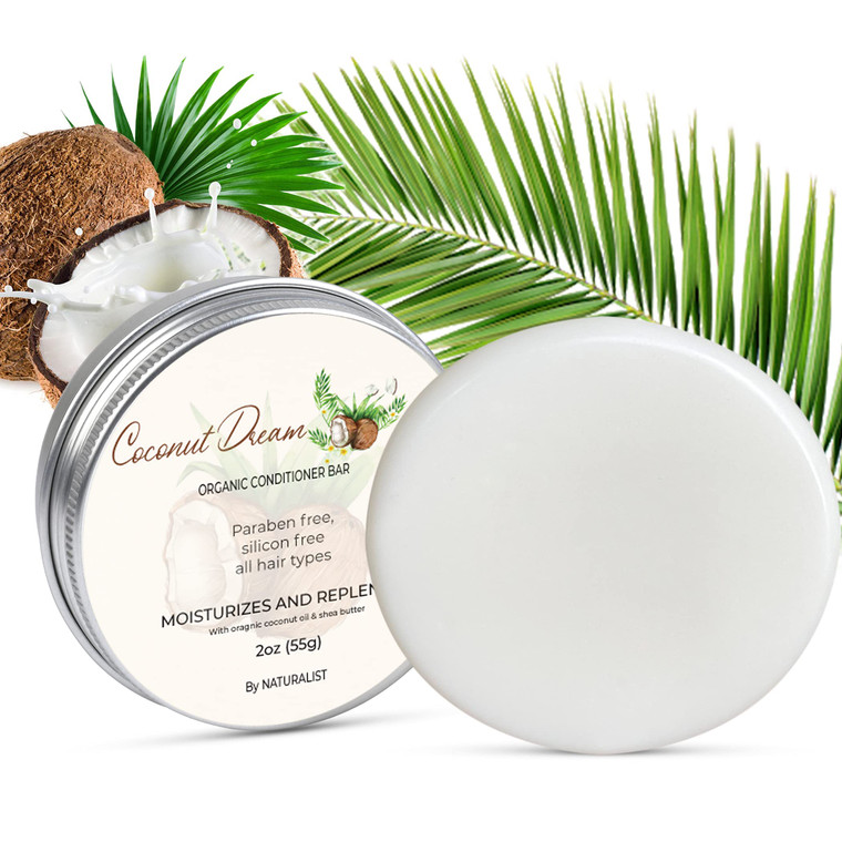 Solid Conditioner Bar, Organic, Plant Based, SLS Free, Vegan, All Hair Types | pH Balanced, Plastic Free | Eco Friendly, Safe For Travel (Coconut Dre