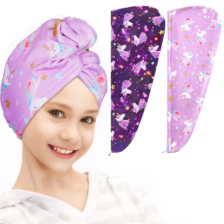 FIOBEE Microfiber Hair Towel Wrap for Kid Rapid Drying Towel Absorbent Hair Turbans for Wet Hair with Button Women Girls Long Curly Hair Pack of 2, P