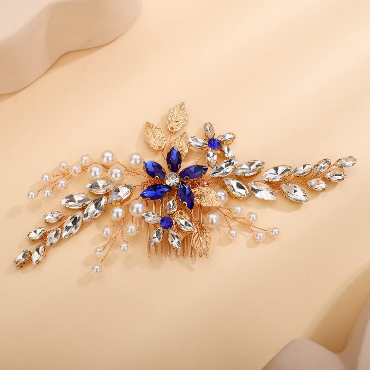 Teyglen Bridal Wedding Crystal Hair Comb Gold Leaf Blue Flower Side Hair Comb Rhinestone Wedding Hair Pieces Hair Jewelry for Bride Women Girls