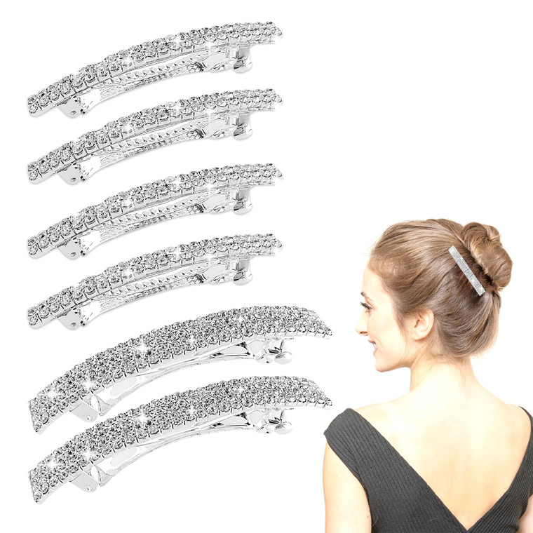 Crystal Hair Barrette 6Pcs Sparkly Brilliant Rhinestone Rectangular Barrettes French Design Bridal Fashion Gorgeous Bling Hair Clips Ponytail Holder