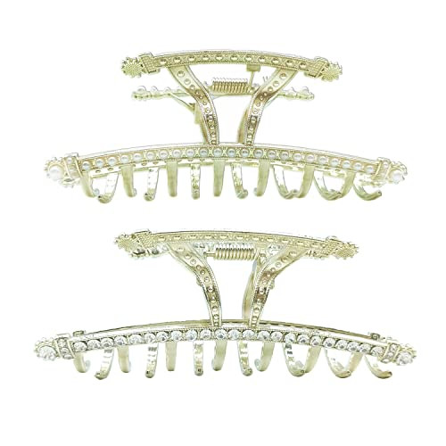 Crystal Bow Hair Claw Clips for Women, 2pcs Bow Hair Clips Large Size Bow-knot Strong Hold Hair Jaw Clips Artificial Pearls Nonslip Claw Clip for Thi
