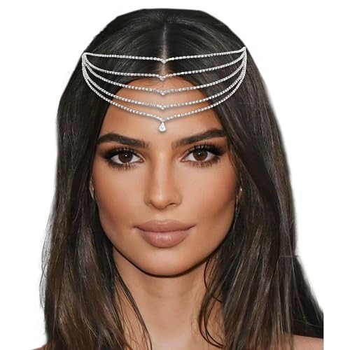 SAWINDA Head Chain for Women Silver Crystal Rhinestone Pendant Headbands Multi-Layered Hair Chains Wedding Bridal Headpiece Halloween Prom Hair Jewel