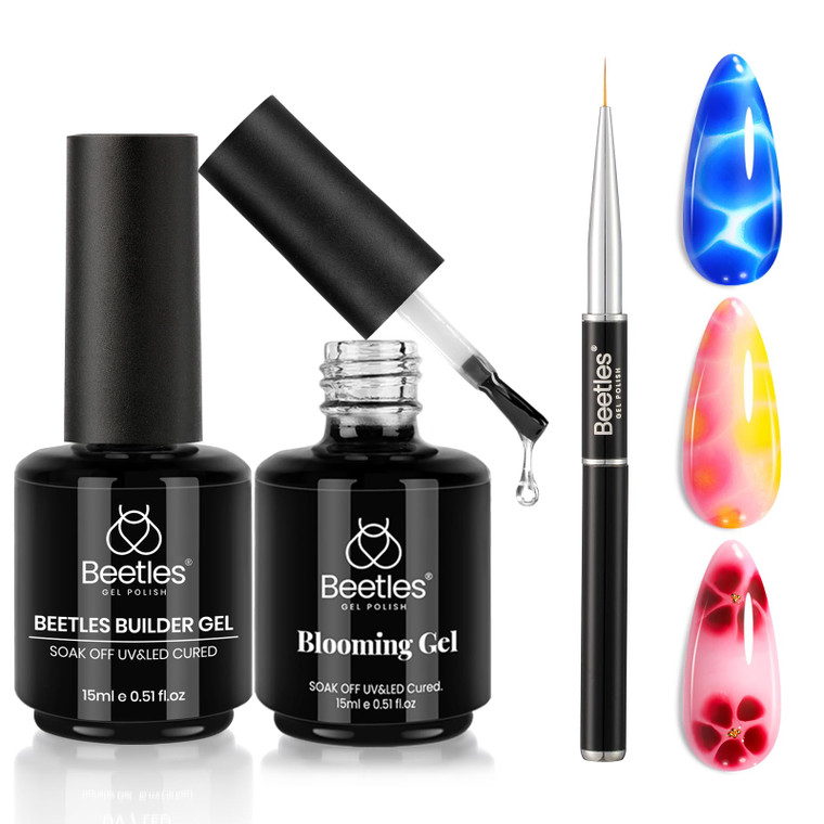 Beetles Builder Gel for Nail and Blooming Gel Set, 2 Pcs 15ml Nail Art Polish for Spreading Effect Marble Stone Builder Extension, Soak Off LED Lamp