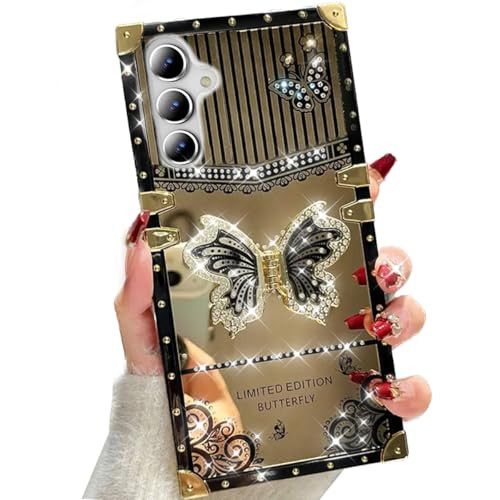 AuroiCYY for Samsung Galaxy A16/A17 Kickstand Case, Luxury Bling Diamond Butterfly Foldable Stand Cover for Women Girly Mirror Flexible Shockproof Pr