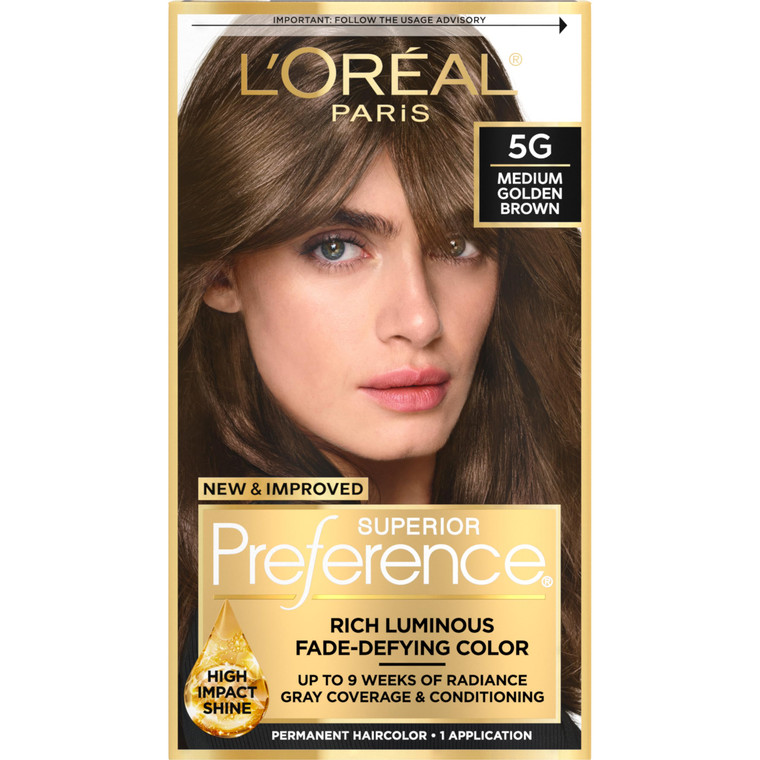 L'Oreal Paris Superior Preference Luminous Fade-Defying Permanent Hair Color, Hair Dye For Up to 9 Weeks of Radiance, Medium Golden Brown 5G, 1 Hair