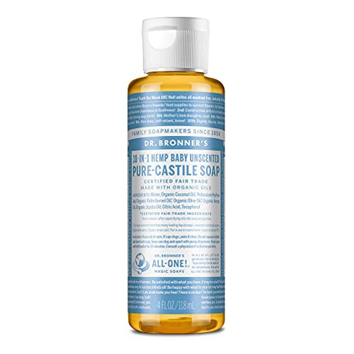 Dr. Bronner's - Pure-Castile Liquid Soap (Baby Unscented, 4 Ounce) - Made with Organic Oils, 18-in-1 Uses: Face, Hair, Laundry, Dishes, For Sensitive