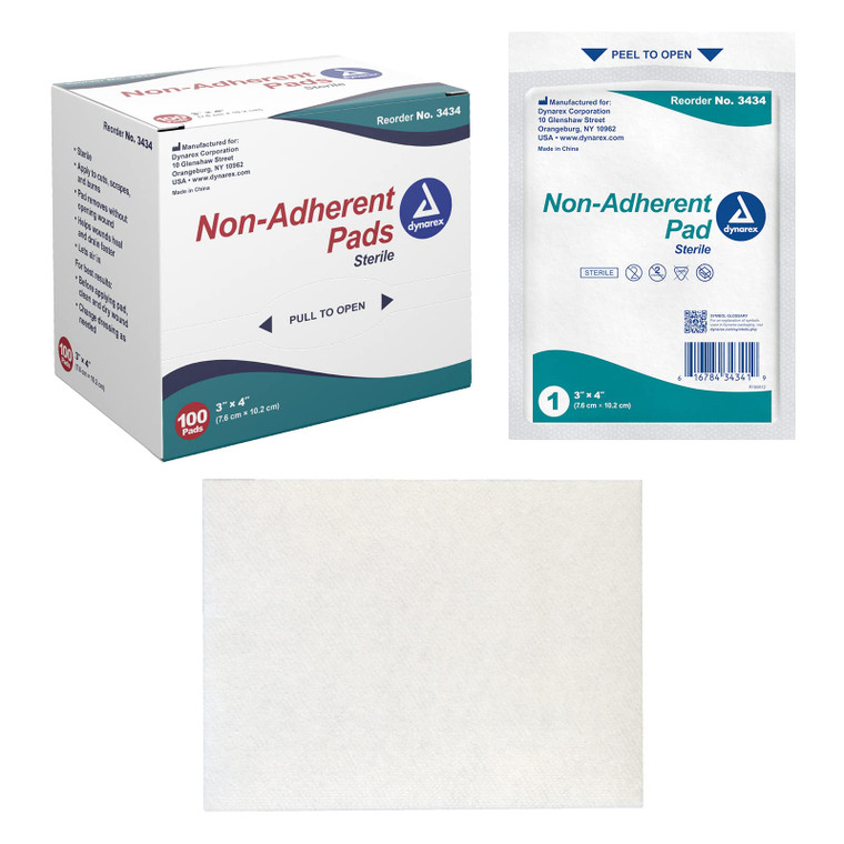 Dynarex Non-Adherent Pads-Sterile, Individually Packaged, Non-Stick Wound and Burn Care, Soft & Highly Absorbent, 3 x 4, 1 Box of 100 Non-Adherent