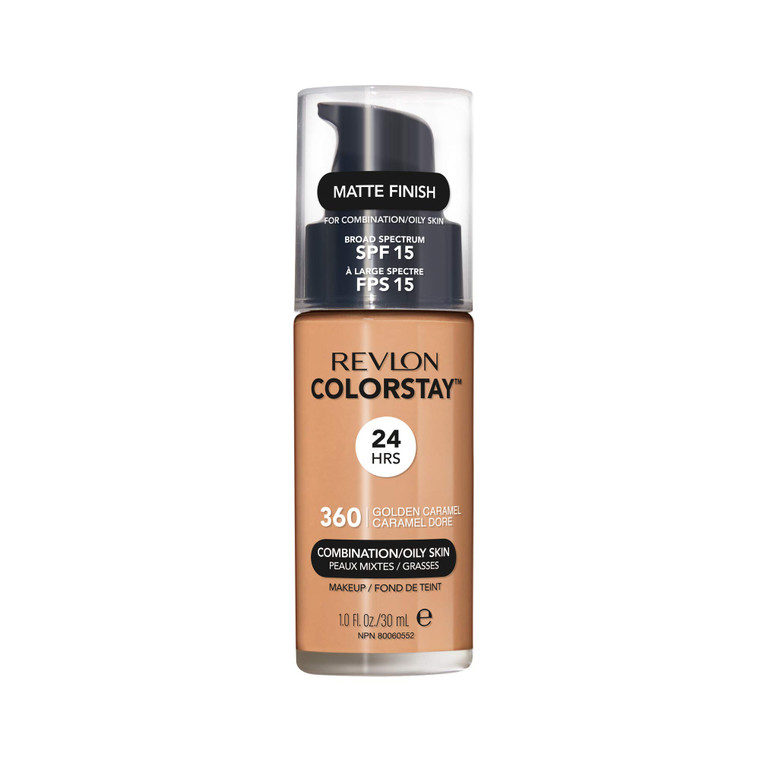 Revlon Liquid Foundation, ColorStay Face Makeup for Combination & Oily Skin, SPF 15, Medium-Full Coverage with Matte Finish, 360 Golden Caramel, 1 Fl