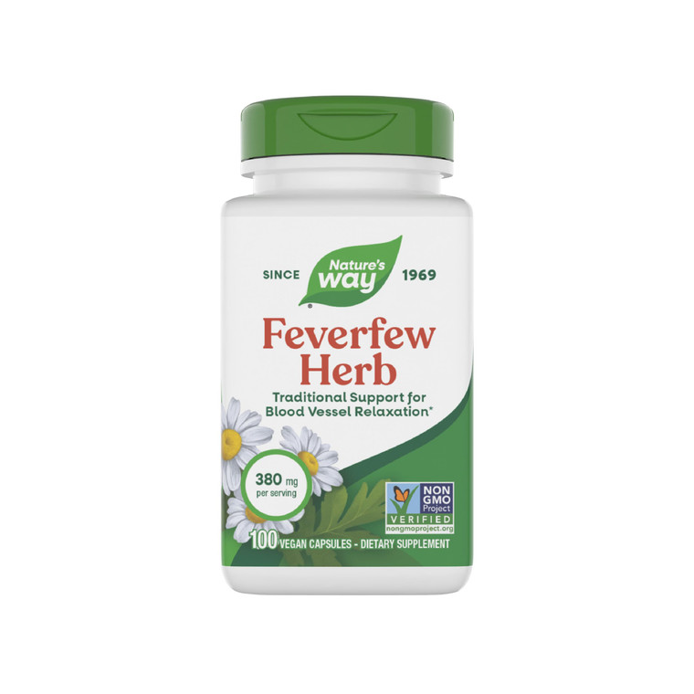 Nature's Way Feverfew Herb, Traditional Support for Blood Vessel Relaxation*, 380 mg per Serving, Non-GMO Project Verified, 100 Vegan Feverfew Capsul