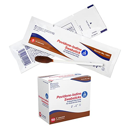 Dynarex Povidone Iodine Swabsticks, Swabstick Packaged in Individual Foil Pack, Antiseptic for Skin Preparation, Brown, 1 Box of 50 Povidone Iodine S