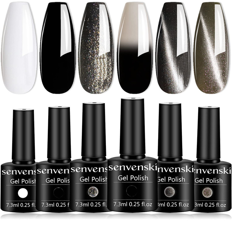 senvenski Black White Gel Nail Polish Kit - UV/LED Nail Art Set with Gunmetal Silver Grey Pewter Glitter Colors | Color Changing Cat Eye Magnetic Man