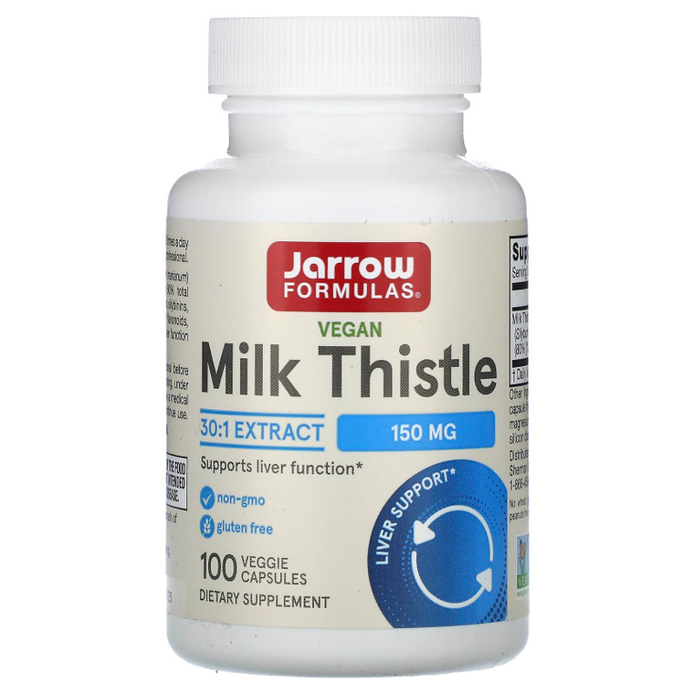 Jarrow Formulas Milk Thistle 150 mg with 30:1 Standardized Silymarin Extract, Dietary Supplement for Liver Function Support, 100 Veggie Capsules, 33-