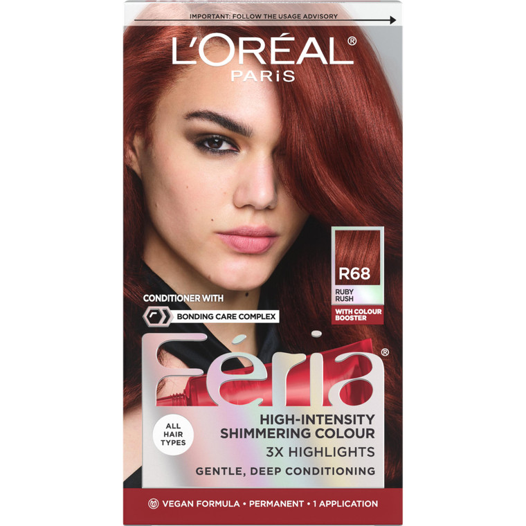 L'Oreal Paris Feria Multi-Faceted Shimmering Permanent Hair Color, R68 Ruby Rush (Rich Auburn True Red), Pack of 1 Hair Dye Kit