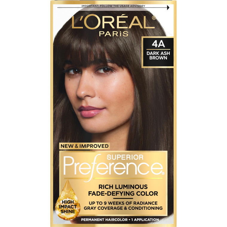 L'Oreal Paris Superior Preference Luminous Fade-Defying Permanent Hair Color, Hair Dye For Up to 9 Weeks of Radiance, Dark Ash Brown 4A, 1 Hair Dye K
