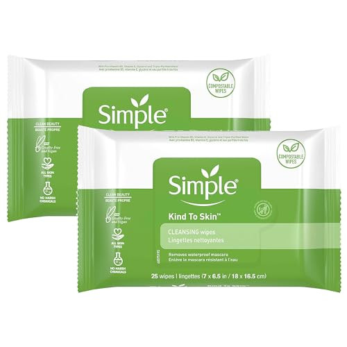 Simple Kind to Skin Facial Wipes Gentle and Effective Makeup Remover Cleansing Free from color and dye artificial perfume and harsh chemicals, 25 Cou