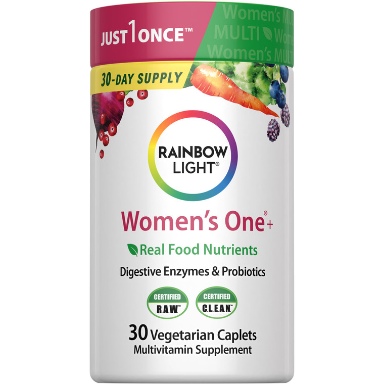 Rainbow Light Womens Multivitamin One + | 30 Caplets | Real Food Nutrients, Digestive Enzymes & Probiotics