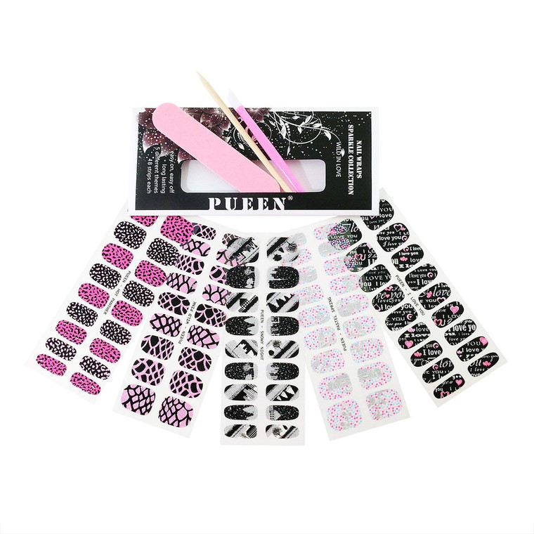 PUEEN 3D Sparkle Nail Wraps Collection WILD IN LOVE - 5 Pack (18 Strips Each) Nail Wraps/Nail Strips/Nail Foils/Nail Stickers/Nail Decals/Nail Patche