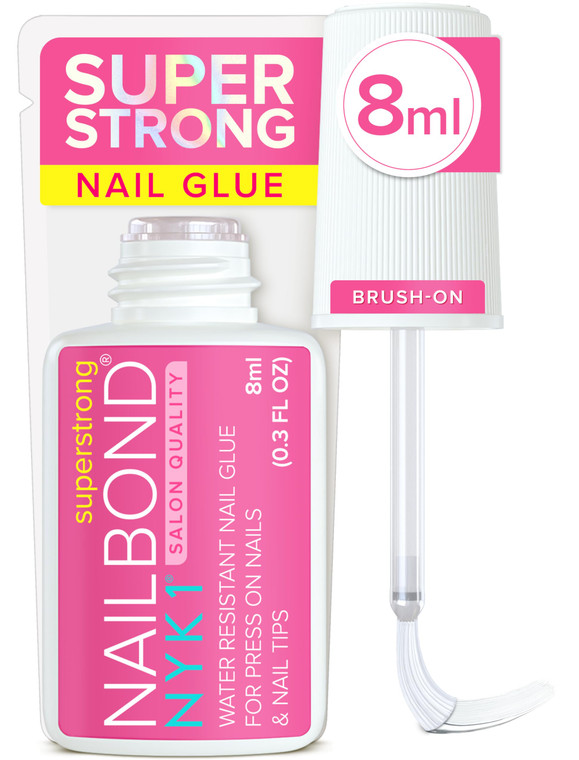 Super Strong Nail Glue for Press On Nails, Nail Tips & Acrylic Fake Nails (8ml) NYK1 NailBond Brush On Glue for Press Ons, Tips & Acrylics - Long Las
