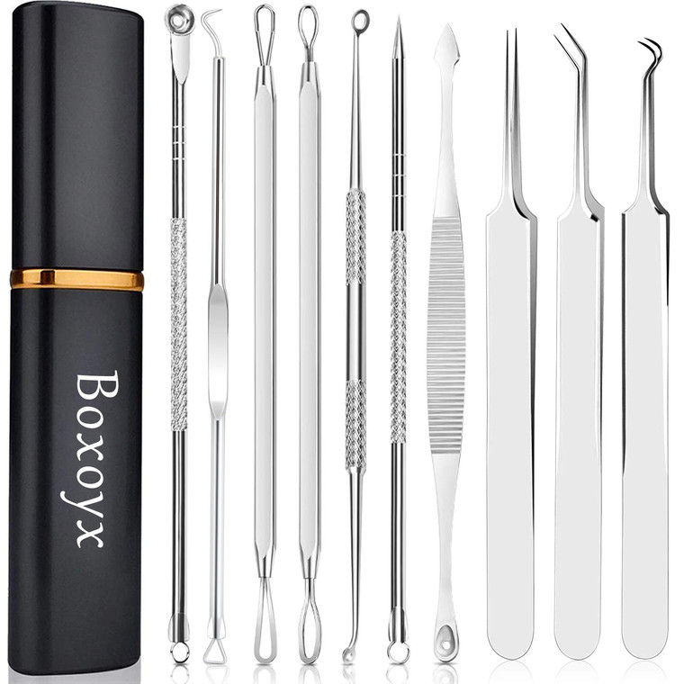 Pimple Popper Tool Kit - Boxoyx 10 Pcs Blackhead Remover Comedone Extractor Kit with Metal Case for Quick and Easy Removal of Pimples, Blackheads, Zi