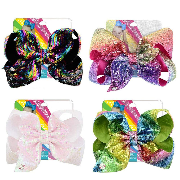 4Pcs/8 inch Glitter Sequin Bows for Girls Gift, Kalolary Large Hair Bows Alligator Clips Grosgrain Ribbon Hair Barrettes Accessories for Toddler Teen