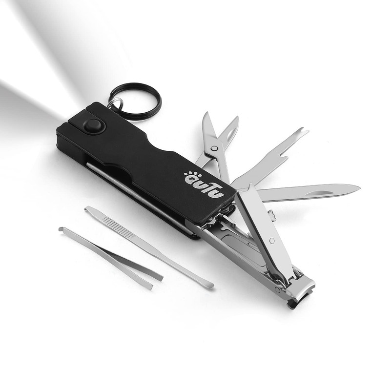 OUTU Keychain Nail Clippers Multitool, 8 in 1 EDC Utility Tool with Nail Clipper, Scissors, Tweezers, Gifts for Him Men Husband Dad Boyfriend (Black)