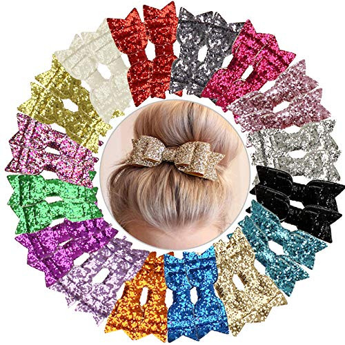 YOPAY 32 Pack 3.5 inch Glitter Hair Bows, 16 Colors Kids Girls Pigtail Bows Clips Barrettes with Alligator Clips, Sparkly Sequin Hair Clips for Girls