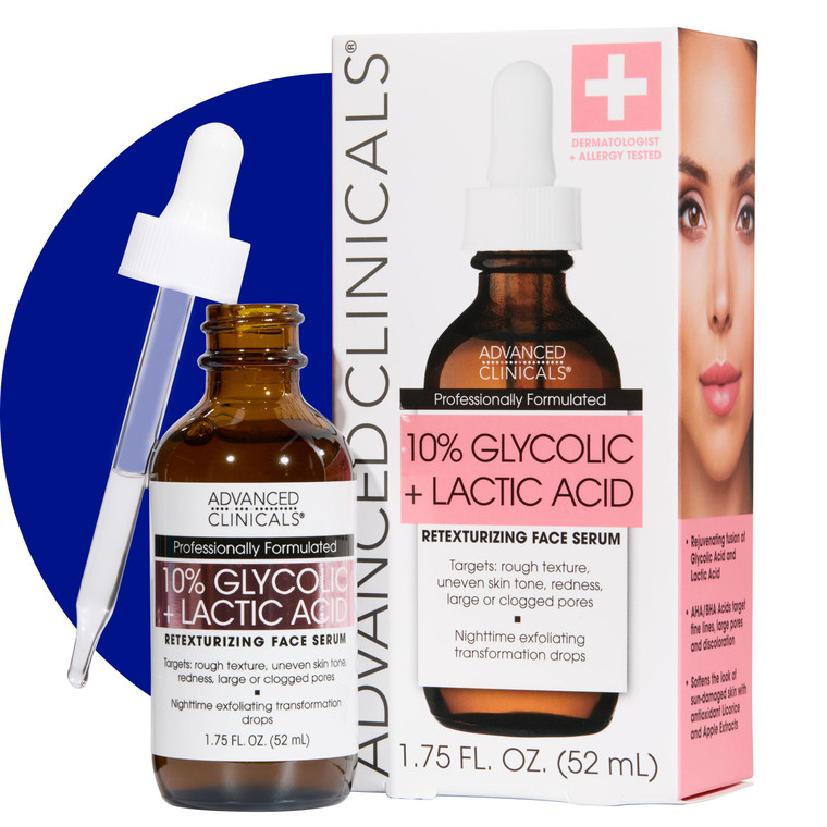 Advanced Clinicals Exfoliating 10% Glycolic Acid Serum For Face + Lactic Acid | Facial Exfoliant AHA + Salicylic Acid Serum To Improve Look Of Large