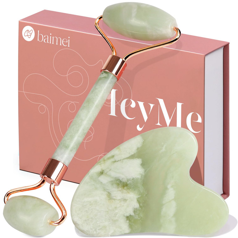 BAIMEI IcyMe Jade Roller & Gua Sha Set Face Roller and Gua Sha Facial Tools for Skin Care Routine and Puffiness, Self Care Gift for Men Women - Light