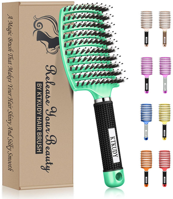 KTKUDY Detangling Brush Boar Bristles Hairbrush Make Hair Shiny & Healthier Curved and Vented Detangler Brush for Women Men Kids Wet & Dry Hair (Ligh