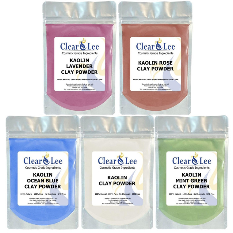 ClearLee Kaolin Clay Cosmetic Grade Powder Sample 5 Pack (White, Rose, Ocean Blue, Mint Green, Lavender) - 100% Pure Natural Powder - Great For Skin