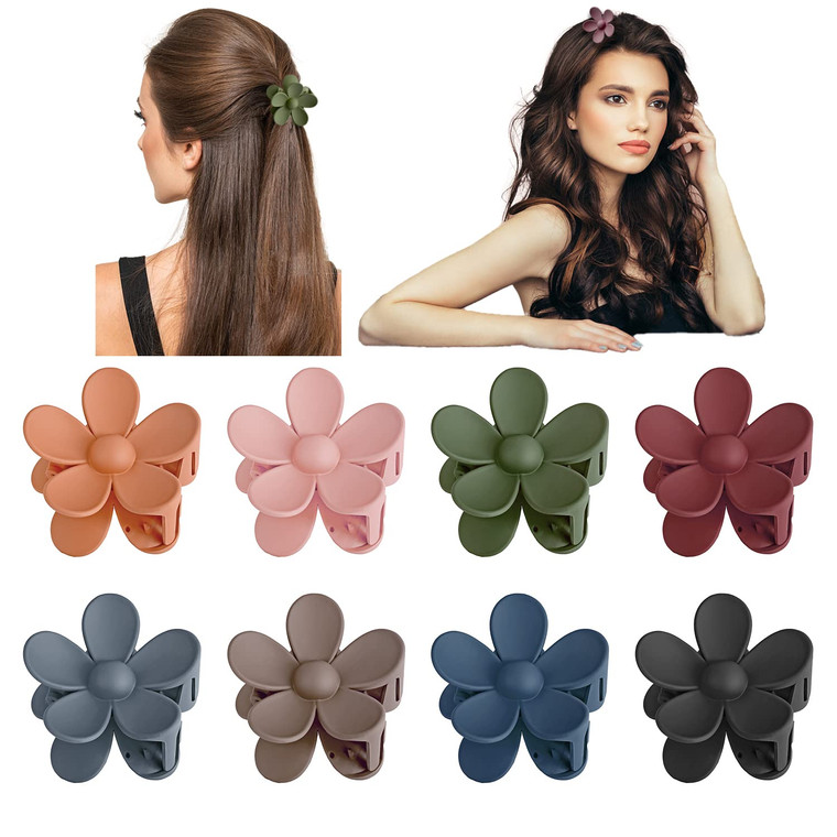 Abnaok Jumbo Claw Clips for Thick Hair 8PCS Flower Hair Clips Large Strong Hold Cute Matte Claw Clips 8Colors Hair Barrettes for Women Girls