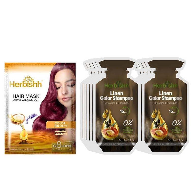 Herbishh Hair Color Shampoo 10 Sachet +1 Argan Hair Mask Pouch | 3 in 1 Hair Dye | PPD Free | Easy to Use | Gray Coverage | Travel Size | Available i