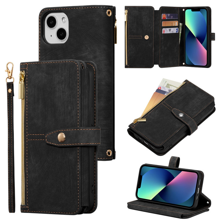 ZCDAYE for iPhone 15 Case with Card Holder, Premium Retro PU Leather Wristle Strap Zipper Kickstand Flip Cover Women Girl, Wallet Phone Case for iPho