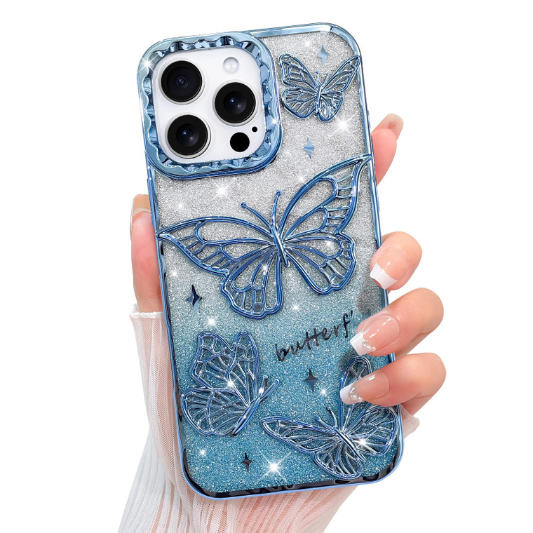 KANGHAR Glitter Case for iPhone 16 Pro Max 6.9", Bling Cute Gradient 3D Butterfly Pattern Luxury Plating Designed for Women Girls, Slim Fit Soft TPU