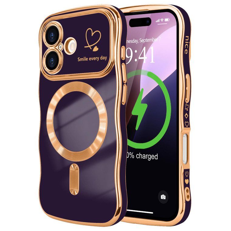 LCHULLE for iPhone 16 Case for Women Girls [Compatible with MagSafe] Cute Curly Wave Shape, Magnetic Love Heart Pattern with Camera Lens Cover Luxury