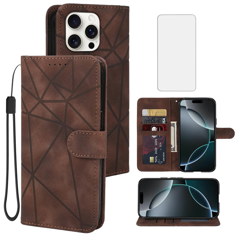 Tothedu Case for iPhone 16 Pro Wallet Case with Tempered Glass Screen Protector, Flip Leather Credit Card Holder Wrist Strap Stand Phone Cover for iP