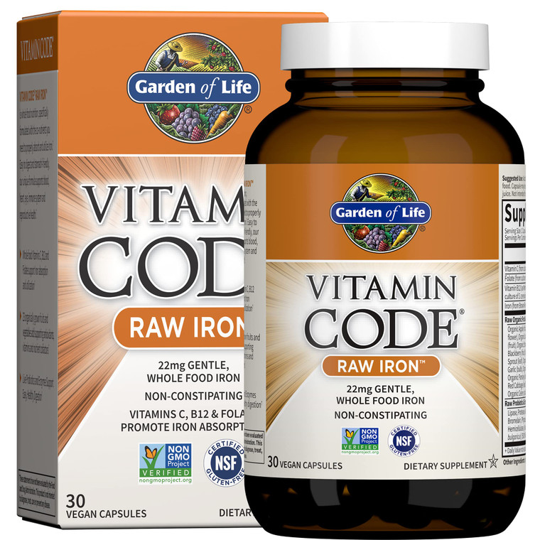 Garden of Life Vitamin Code Raw Iron Supplement - 30 Vegan Capsules, 22mg Once Daily Iron, Vitamins C, B12, Folate, Fruit, Veggies & Probiotics, Iron