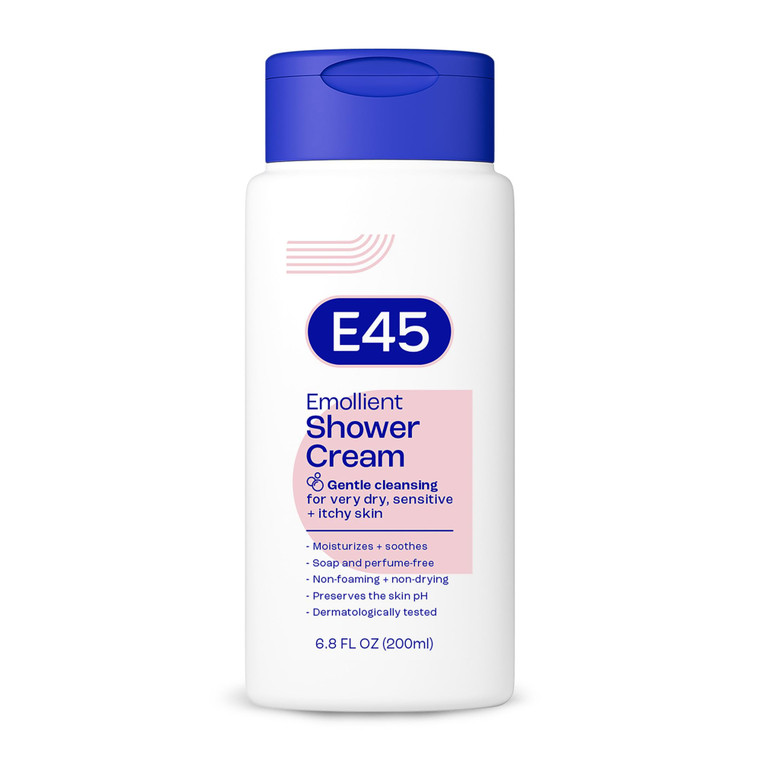 E45 Emollient Shower Cream for Very Dry, Sensitive and Itchy Skin, Cleanses, Moisturizes, and Soothes Skin, No Parabens or Sulfates, Fragrance-Free,