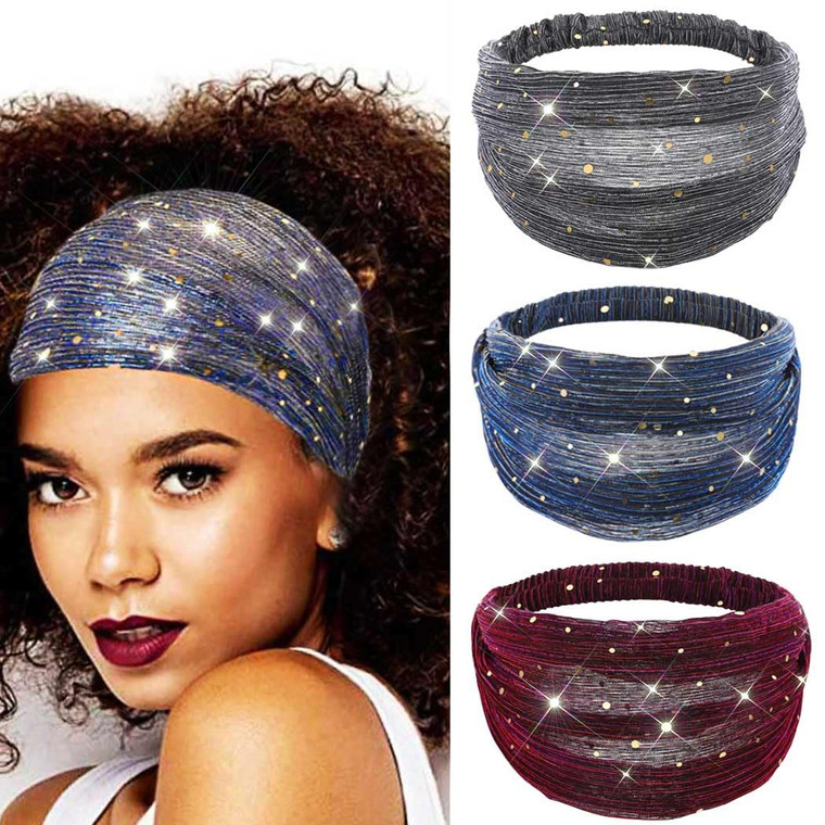 CAKURE Sequin Wide Headband Black Turban Headbands African Glitter Head Wraps Stretchy Bling Hair Wraps Hair Bands Yoga Running Sport Hair Accessorie